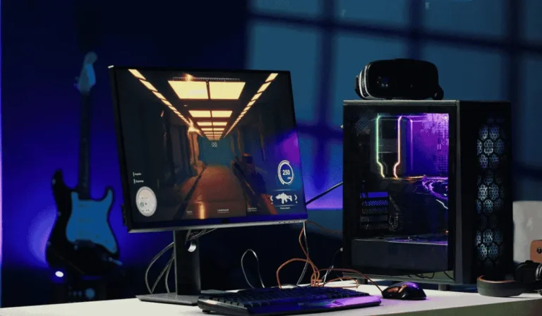 Gamer adjusting settings on a PC to enhance ray tracing graphics performance in a modern video game