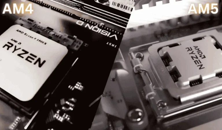AM5 motherboard next to AM4 CPU showing compatibility comparison and upgrade options for AMD users in 2025.