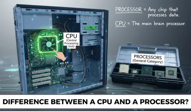 Visual explanation of CPU versus processor: a microchip beside a complete processing unit with labels highlighting key differences.