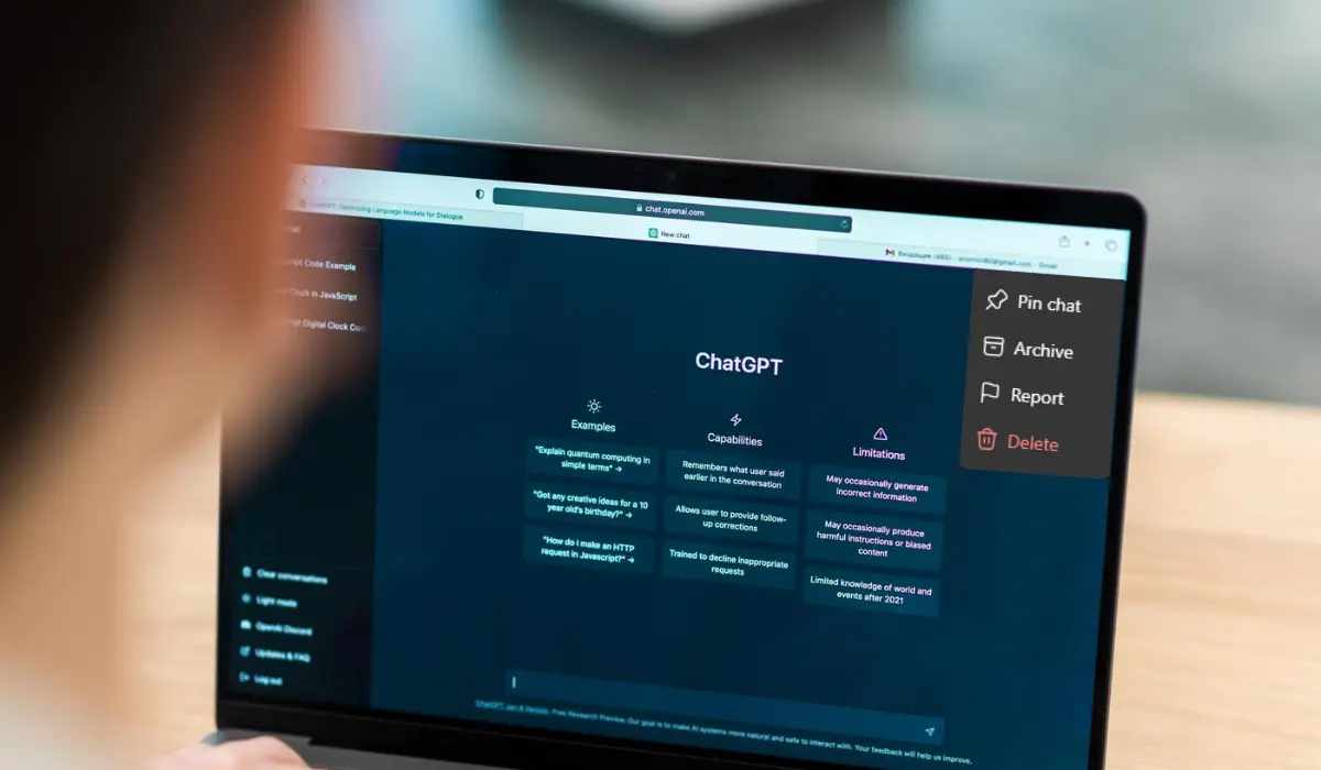 AI chatbot conversation archive showing saved and deleted chat history options on a screen